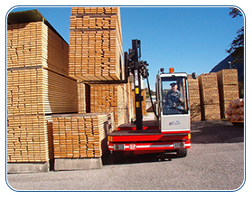 SLL sideloader stacking in lumber yard